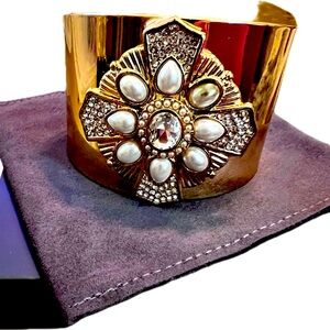 Large Gold Cuff Bracelet with T-Shaped Pearl and Rhinestone Details